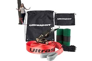 Ultrasport Slackline 15m-25m, avec cliquet et Sac Transport, Jeu Complet Slackline, Disponible avec et sans Protection d'arbre, Jeu Slackline, Slackline Fitness, certifié TÜV GS, Enfants et Adultes