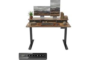 FEZIBO Electric Height Adjustable Standing Desk, 120x60cm, with Double Drawers and Storage Shelf, Rustic Brown
