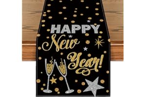 Artoid Mode Cheers Black and Gold 2026 Happy New Year Table Runner, Winter Merry Xmas Kitchen Dining Table Decoration for Home Party Decor 40x180 cm