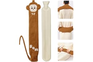 Lvjkes Bolsa Agua Caliente Larga, Bolsa de Agua Ccaliente, 2 Litros 72x12cm Bolsa de Agua Caliente de Felpa con Tapa, Extraíble Para Limpieza, Adecuado para cuello, abdomen y espalda (Marrón/Mono)