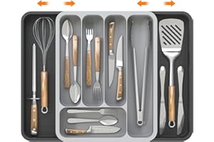 KeZaara Portaposate da Cassetto 45 cm, Espandibile Porta Posate Cucina Cassetto (36,2 × 47 × 5 cm), Con 7 Scomparti, Adatto Cucchiai, Forchette, Coltelli, Grigio &Nero