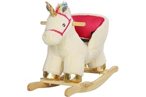 AIYAPLAY Rocking Horse, Unicorn Rocking Horse with Realistic Sounds, Safety Belt, Wooden Base, Plush Ride on Unicorn, for Ages 18-36 Months, Cream White
