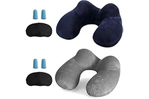 LUZWAY Cuscino da Viaggio Gonfiabile Cervicale Collo Cuscini di Supporto Travel Pillow con Federa Lavabile, Tappi per Le Orecchie, Maschera, per Viaggi Aereo Auto Treno Ufficio (2 pezzi, Blu+Grigio)
