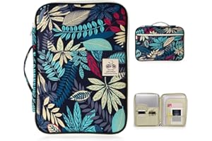 BTSKY A4 Documents Case - Multi-Functional Travel Bag Passport Holder Files Portfolio Tickets Organizer Portable IPad Bag Handbag, Office Documents Bag, Blue Leaf