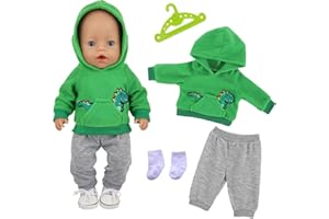 XERTEAM Vestiti per bambole da 14 a 18 pollici, 4 pezzi di vestiti per bambole da 35 a 45 cm, abiti per bambole da 43 cm, maglione verde a forma di dinosauro + pantaloni grigi + calzini bianchi, accessori per