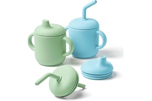 Navik | bicchiere bambino di silicone | neonato 6 mesi | cannuccia e beccuccio | tazza bambini con due manici | Blu e verde