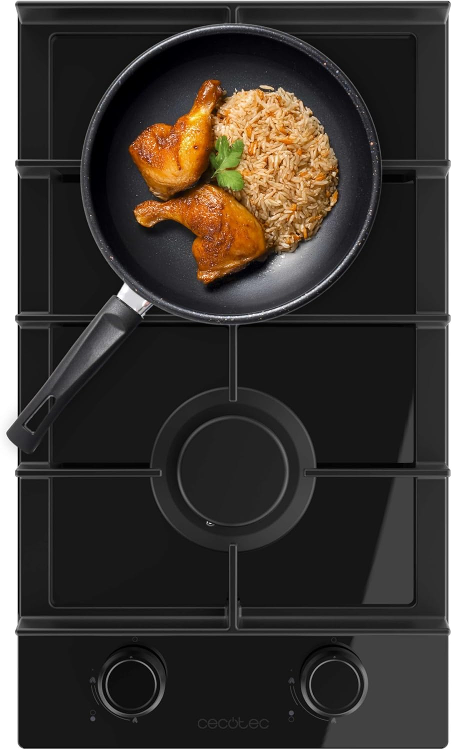 Cecotec Placa de Gas de 2 Fuegos Bolero Squad G 2400F Glass Black, 5,2kW, Glass Black, Parrillas Hierro Fundido, Quemador WOK Triple, Encendido Electrónico, Seguridad Válvulas, accesorio conversión