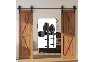 WINSOON 305 cm Double Porte Quincaillerie pour Des Double Portes Coulissante de Grange En Bois Antique Roue de Base à Gros Rayons Noire Roller Kit Système de Rail de Support d'armoire de Garage