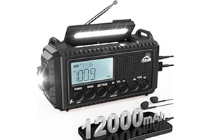Crank Radio with Solar & 12000 mAh Power Bank, AM/FM/SW Emergency Radio, USB-C Mobile Phone Charge, SOS Alarm, Torch & Reading Lamp, Radio with World Receiver, Waterproof, Portable for Camping