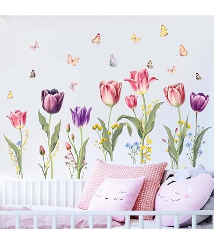 Amimagen Pink Watercolor Cherry Blossom Wall Stickers – Tree Branch With Birds, 2 Sheets, 35" X 11" Each, DIY Peel-and-Stick For Bedroom Living Room Decor