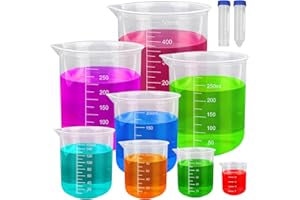 ADNEWX 10 Pezzi Misurino Graduato Set, Trasparente Misurino di Plastica 25/50/100/150/200/250/300/500 ml Contenitore Graduato con 2 Tubo da Centrifuga per Cucina e Laboratorio