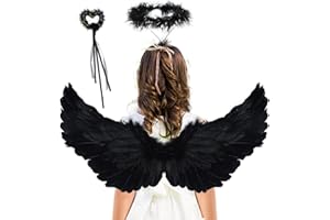 DAOUZL Engelsflügel Schwarz, Engel Flügel Kostüm mit Heiligenschein und Zauberstab, Engelsflügel Deko, Schwarz Flügel, Engel Flügel Kinder für Halloween Karneval Party Fasching Kostüme