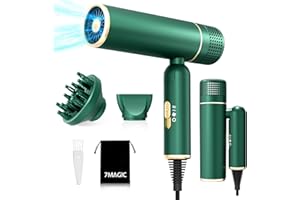 7MAGIC Travel Ionic Hair Dryer, Lightweight Foldable Blow Dryer with Diffuser for Curly Hair & Constant Temperature Care, Anti-Hair Suction Technology Hairdryers for Women, Green