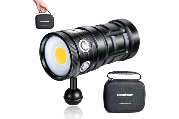 LetonPower Turbo S Lampe de Plongée 10000 Lumens - Lampe Video sous-Marine Professionnelle, avec CRI 92, 5200K, Étanche 100m, Recharge USB-C pour Sports Nautiques et Plongée Professionnelle