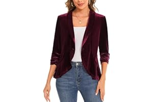 MINTLIMIT Ladies Casual Velvet Blazers Shawl Lapel Fashion Jacket Cardigan 3/4 Ruched Sleeve Jackets Ruffle Hem Coat Open Front Outerwear