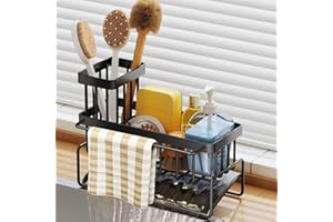 MainPi Organizer Cucina Lavello,Porta Spugne Lavello Cucina con Vassoio Gocciolamento,Organizzatore Lavello Cucina con Portasciugamani,Supporto Spugne Adesivo per Cucine e Bagni(Nero)