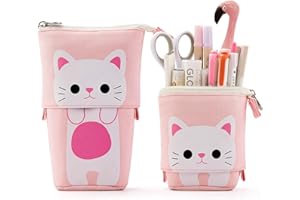 Maomaoyu Estuche Escolar Vertical para Dibujos Animados Lindo Gato, Telescópico Estuche para Bolígrafo Lona, Cosmética Papelería Organizador Caja para Niña, Chico, Estudiante & Profesor (Rosa)
