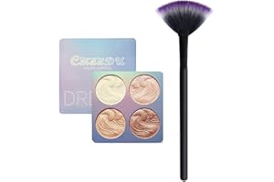 4 Colours Baked Powder Highlighter n Bronzing Palette + LyDia® Small Black Fan Cheek/Blending/Contour/Highlighter/Bronzer/Dust Makeup Brush