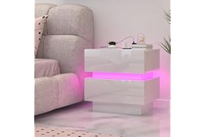 PIPIPOXER Nachttisch,Beistelltisch in Weiß aus Hochglanz und Acryl Planscheibe, Nachttische aus Holz mit 2 Schubladen Nachtschrank für Wohnzimmer,Schlafzimmer,Bett 45x35x47cm Weiß