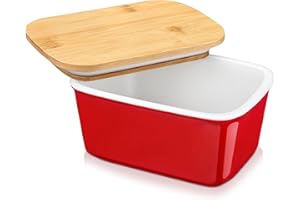 LOVECASA Butter Dish, Porcelain Butter Container with Wooden Bamboo Lid, French Butter Dish,Removable Silicone Seal, 500ml Red