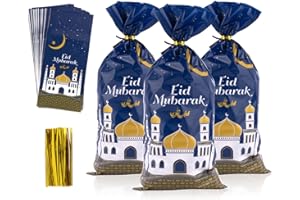 COLOFALLA 100 Stück Ramadan Tüten zum Befüllen Cellophantüten Eid Mubarak Deko Transparent Ramadan Kareem Geschenktüten Zellophantüten Muslim Islamische Gastgeschenke Verpackung Dekoration (B)