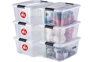 Iris Ohyama, Boite Rangement Plastique avec Couvercle, 15L, Lot de 6, Transparent, Clips de Fermeture, Poignée, Empilable, Organisation Solide & Durable, pour Chambre, Dressing, Bureau, NTB-15