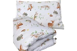 PLUMERI Kinderbettwäsche 100x135 + 40x60 | 100% Baumwolle Weiche & Farbenfrohe Bettwäsche für Babys | Mädchen & Jungs | Hochwertiges Set mit Reißverschluss YKK Kissenbezug | Schönes zartes Muster - Wald