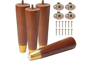 COEWUR 4 Pcs Wooden Furniture Legs, 8inch/20cm Solid Wood Replacement Sofa Legs Straight Cone Furniture Feet, Chair Leg with Gold Caps Pads Screws Mounting Plate for Couch Table Dresser Bed Cabinet