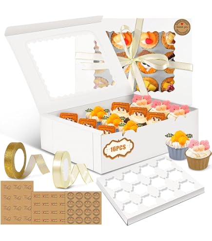 UCAMP 16 Boîtes à Cupcakes Avec Fenêtre - Carton Robuste - Inclus Inserts, Rubans, Autocollants - Pour Cadeaux