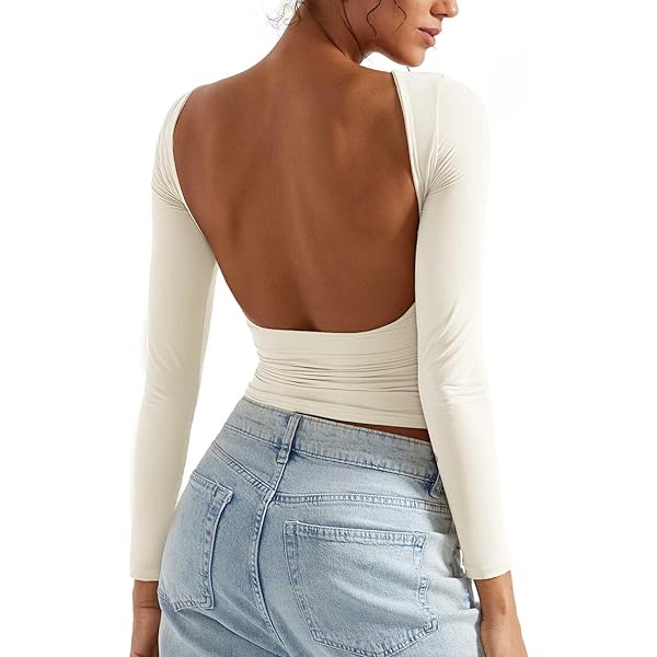 Dames Backless Uitgaantop Dubbel Gevoerd - Sexy Open Rug Lange Mouwen Basic Top (Zwart, S)