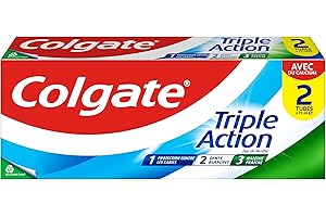 COLGATE - Dentifrice Triple Action Menthe Originale - Favorise une Bonne Santé Bucco-Dentaire - Contre les Caries, les Taches Dentaires et la Mauvaise Haleine - Tube de 2x75ml