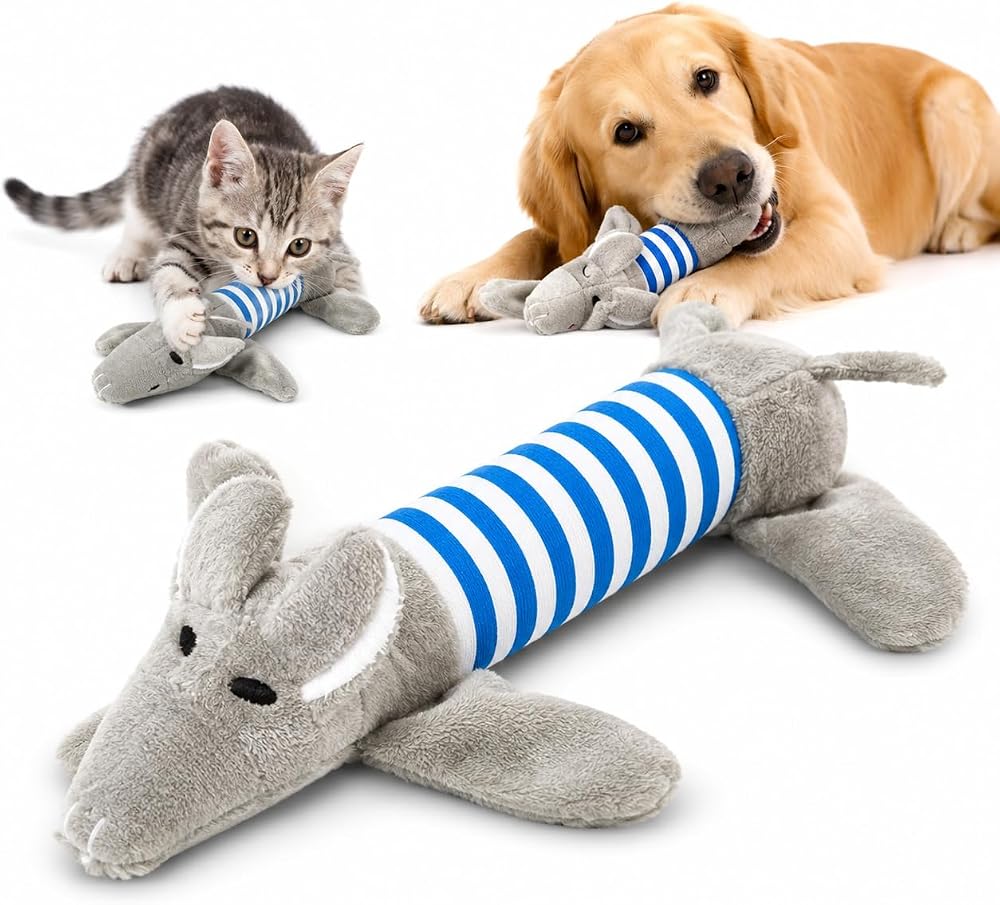 MADPET Peluş Fare Kedi Köpek Oyuncağı - Isırınca Ses Çıkaran İnteraktif Oyun Arkadaşı - Yumuşak Dokulu Çizgili Tasarım - Yavru ve Yetişkin Evcil Hayvanlar İçin - 25 x 10 x 4 cm - Gri Mavi