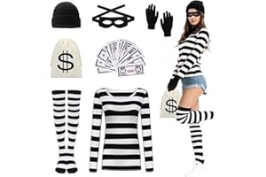 DAZZTIME Räuber Kostüm,Einbrecher Kostüm,Bankräuber Kostüm für Erwachsener, Räuber Kostüm Set,Halloween Kostümset für Räuber für Erwachsene,T-Shirt,Mütze,Handschuhen,für Karneval,Fasching,Mottoparty