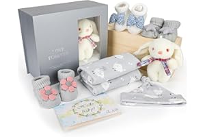 EAQ Baby Geschenk für Neugeborene,Neugeborenen Geschenk, mit Pucktuch, Babymütze, Babysocken,Hasenpuppe,Babyparty Geschenk,Baby Geschenkset,Geschenke zur Geburt (Rabbit)