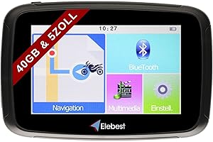 Elebest Rider W5 Motorrad Navigationsgerät 5 Zoll (12,7 cm), Motorrad Navi,PKW,Bluetooth,Wasserdicht,Neuste Europa Karten Radarwarner,40GB Speicher,Blitzerwarnung