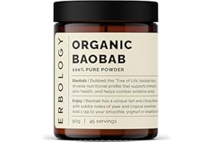 Erbology Organic Baobab Powder 90g - 45 Servings - Skin Health and Immunity Support - Rich in Vitamin C, B Vitamins and Polyphenols - Sustainably Sourced Straight from Farm - Vegan - GMO-Free