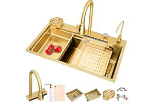 MIMRTIMI Évier de Cuisine Cascade Raindance Évier Cuisine en Acier Inoxydable 304 avec robinet rétractable comprend un kit de plomberie complet (GOLD, 80 * 45CM)
