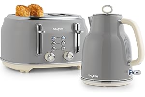 Salter COMBO-9191 Retro Kettle & Toaster Set – 1.7L Fast Boil Kettle With Removable Limescale Filter, 4-Slice Wide Slot Toaster for Thick Bread, High Lift Eject, Blue Indicator Lights, 3kW/1630W, Grey