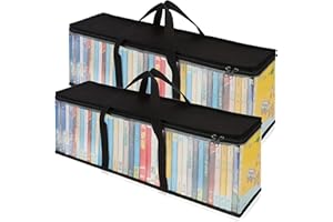 QSLKI 2 Stück DVD-Aufbewahrungstaschen, Tragbar Groß Reißverschluss Oxford Tuch DVD Aufbewahrungs-Tasche, CD-Tragetasche, transparente Abdeckung mit Reißverschluss, DVD-Schutz (60x22x15.2cm)
