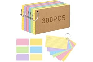 ANSTEEP Flash Card, 300 Pcs Revision Cards Index Cards Ruled Flashcards Multicolor Kraft Paper Notecards Cue Cards with 6 Metal Binder Rings for Office School Home Study Record