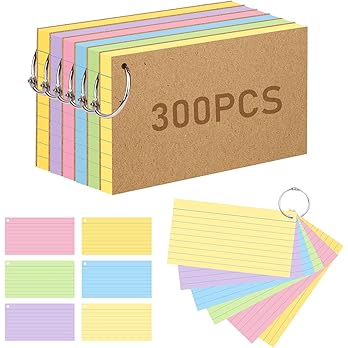Flash Card, 300 Pcs Revision Cards Index Cards Ruled Flashcards Multicolor Kraft Paper Notecards Cue Cards with 6 Metal Binder Rings for Office School Home Study Record : Amazon.co.uk: Stationery & Office Supplies