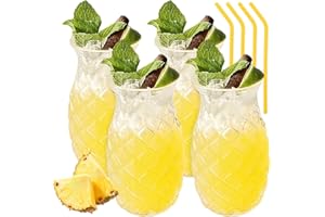 LEKEFETO 4 vasos de cóctel de 480 ml: copas de piña con 4 pajitas, vasos de cóctel transparentes con relieve de piña, copas de cóctel para fiestas, zumo de vino, copas de cóctel para familia, camping, bar