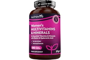 Nutravita Multivitaminico e Multiminerale Donna - 24 vitamine e minerali attivi essenziali tra cui biotina e acido ialuronico - 180 compresse vegane - Senza riempitivi o leganti sintetici