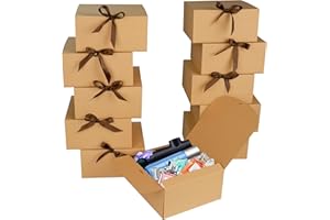 AWCIGG® 12 Pezzi Scatole Regalo in Cartone Marrone, 20 x 20 x 10 cm Scatoline Regalo Grande, Scatola Regalo Kraftcon Coperchio e Nastro per Matrimonio, Feste, Natale, Compleanni