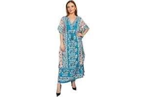 Shah Crafts. Women Kaftan Dress Tunic Kimono Long Maxi Oversized Casual Gown Loungewear Nightdress Bikini Beach Cover Up Caftans Free Size Teal Blue
