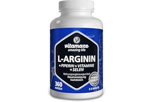 ‎VITAMAZE - AMAZING LIFE L-Arginin Kapseln hochdosiert, 360 Kapseln mit VITAL-Formel B6, B12, Folsäure, Selen und Piperin für 3 Monate, Nahrungsergänzung ohne unnötige Zusätze, Made in Germany
