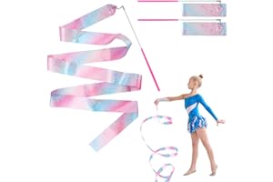 nllkii 2 Pcs Flashing Dance Ribbons with Pink Wand, 78.7 Inch Gymnastics Ribbon Dancer Wand Dancing Ribbon Streamers for Kids, for Talent shows, Artistic Dancing, Baton Twirling