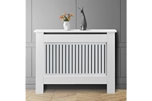 OFCASA Medium Radiator Cover White Painted Radiator Cover Vertical Slatted Wood Heating Cabinet for Living Room Hallway 109cm