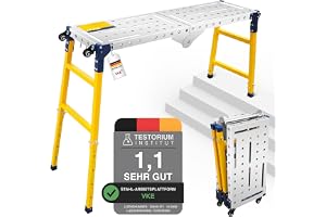 VKE Justerbar Arbetsplattform, 140 × 36 × 110 CM Vikbar Arbetsplattform, 500 KG Lastkapacitet, Galvaniserad Arbetsbänk med Justerbar Höjd, Inomhus/Utomhus jobb Stegstege Tuff Mästare