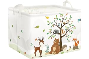 Clastyle Cajas de Almacenaje Cubo Animales Selva Ciervo Oso Zorro Cesta para Guardar Ropa Juguetes Blanco Rectangular para Habitación Infantil, 36L